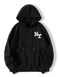 xieyinshe  Fashion Letter Print Long Sleeve Fleece Hooded Sweatshirts, Zip Up Drawstring Sports Hoodie Jacket With Front Pocket, Women's Sporty Sweatshirts