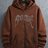 kkboxly  Letter Print Men's Hooded Sweatshirt Casual Long Sleeve Hoodies With Full Zip Up Gym Sports Hooded Jacket For Spring Fall