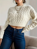 kkboxly  Cable Knit Crop Sweater, Long Sleeve Casual Sweater, Women's Clothing