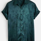 kkboxly Elegant Floral Print Men's Mature Casual Short Sleeve Lapel Shirt, Summer Holiday Top, Photography