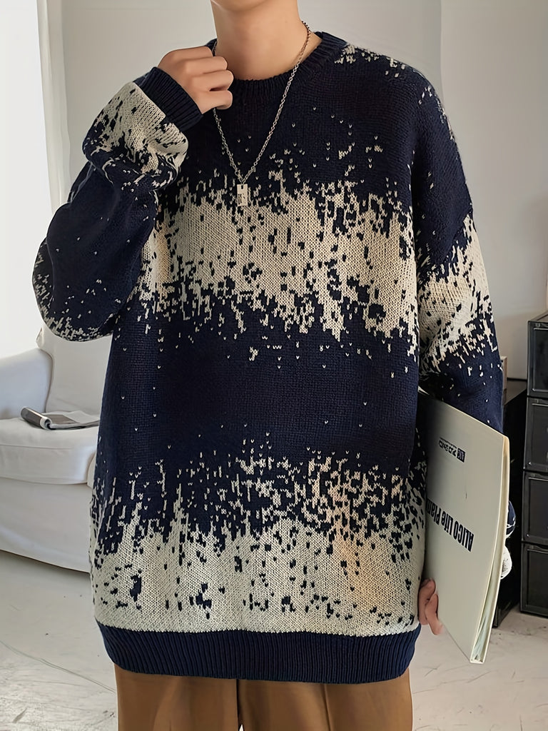kkboxly  Plus Size Men's Knit Floral Pattern Sweater For Spring/autumn/winter, Men's Oversized Loose Fit Pullover Sweater For Males, Men's Clothing