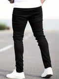 kkboxly Slim Fit Cotton Jeans, Men's Casual Solid Color Mid Stretch Denim Pants For Spring Summer