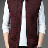 Elegant Slightly Stretch Cardigan Vest, Men's Casual Vintage Style V Neck Stand Collar Zip Up Cardigan Vest For Fall Winter