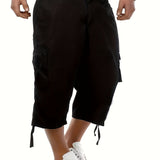 Men's Plain Zip Pocket Drawstring Hem Cargo Shorts For Spring And Summer