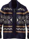 Plus Size Men's Band Collar Zipper Cardigan Color Matching Jacquard Long-sleeved Sweater