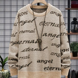 kkboxly  All Match Knitted Sweater, Angel & Eternal Print Men's Casual Warm Slightly Stretch Crew Neck Pullover Sweater For Fall Winter