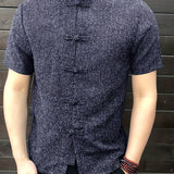 kkboxly  Plus Size Men's Chinese Style Men Shirt Stand Collar Short Sleeve Button Casual Loose Tops Solid Color Vintage Tang Suit Shirts