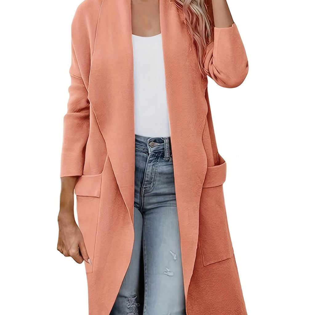kkboxly  Solid Pocket Open Front Cardigan, Casual Long Sleeve Lapel Cardigan, Women's Clothing