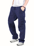 Cotton Solid Multi Flap Pockets Men's Straight Leg Cargo Pants, Loose Casual Outdoor Pants, Men's Work Pants For Hiking Fishing Angling