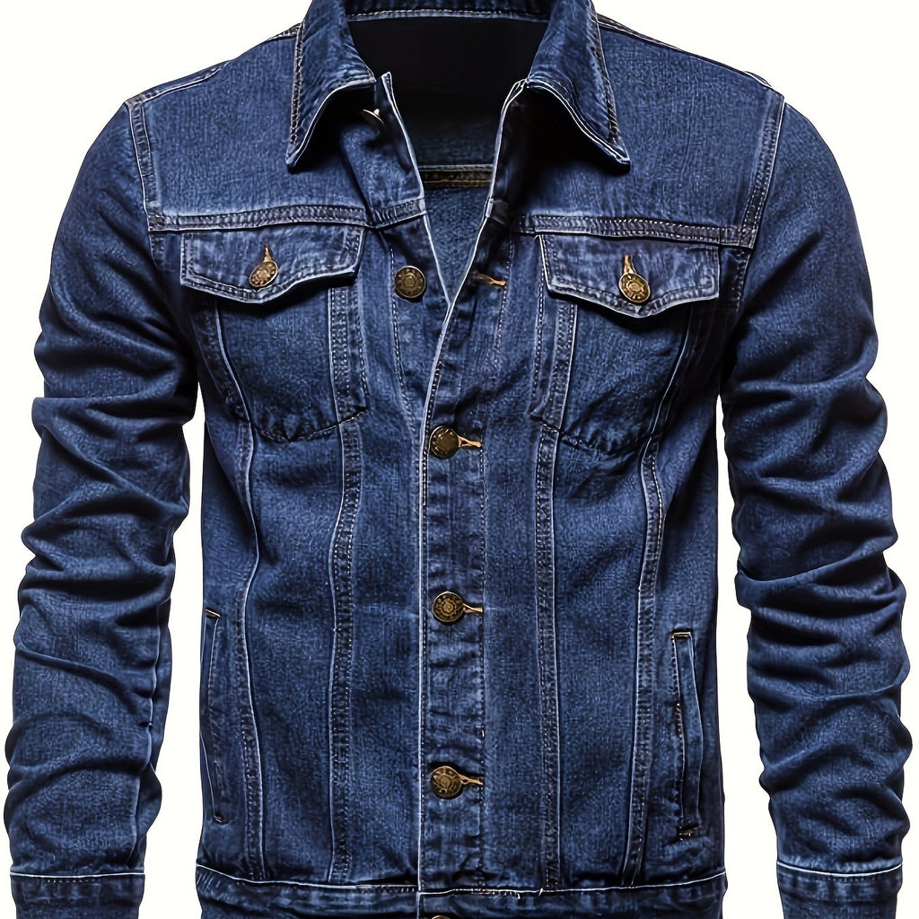 kkboxly  Men's Retro Denim Jacket, Casual Street Style Multi Pocket Denim Jacket