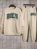 kkboxly  BROOKLYN Print, Men's 2Pcs Outfits, Casual Crew Neck Long Sleeve Pullover Sweatshirt And Drawstring Sweatpants Joggers Set For Spring Fall, Men's Clothing