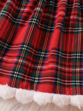 Adorable Girls' Christmas Plaid Long Sleeve Dress with Pom-Pom Detail - Cozy Polyester, Machine Washable - Perfect for Fall/Winter