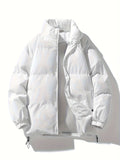 kkboxly Men's Stylish Solid Puffer Coat With Pockets, Casual Breathable Stand Collar Zip Up Long Sleeve Warm Top For City Walk Street Hanging Winter Outdoor Activities