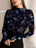 kkboxly  Floral Print Mock Neck Top, Boho Long Sleeve Slim Top For Spring & Summer, Women's Clothing