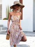 kkboxly  Leopard Sleeveless Spaghetti Dress, Elegant Button Front Knotted Dress, Women's Clothing