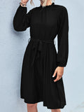 kkboxly  Women's Dresses Elegant Dress Pleated Frill Neck Flounce Long Sleeve Belted Dresses