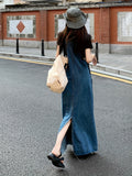 kkboxly  Blue Raw Hem Denim Overall Dress, Non-Stretch Loose Fit Split Denim Overall Dress, Women's Denim Clothing
