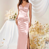 kkboxly  Solid V Neck Dress, Elegant Sleeveless Split Bodycon Dress For Party & Banquet, Women's Clothing