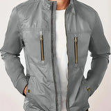 kkboxly  Chic Thin Windbreaker Jacket, Men's Casual Stand Collar Cargo Jacket For Spring Fall Outdoor Activities