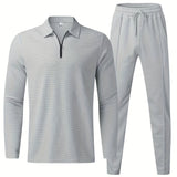 kkboxly  Waffle Pattern Men's 2Pcs Outfits, Casual V Neck Shirt Long Sleeve Pullover Sweatshirt And Drawstring Sweatpants Joggers Set For Spring Fall, Men's Clothing