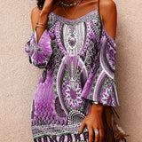 kkboxly  Ethnic Floral Cold Shoulder Dress, Boho Summer Mini Cami Dress, Women's Clothing