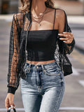 kkboxly  Sheer Bomber Jacket, Casual Zip Up Long Sleeve Solid Outerwear, Women's Clothing