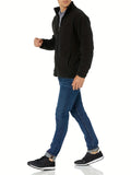 kkboxly  Warm Plush Fleece Jacket, Men's Casual Zip Up Solid Color Stand Collar Jacket Coat For Fall Winter