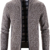 kkboxly  Warm Stand Collar Fleece Jacket, Men's Semi-formal Comfortable Solid Color Zip Up Knitted Cardigan For Spring Fall