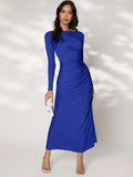 kkboxly  Ruched Solid Dress, Casual Long Sleeve Bodycon Maxi Dress, Women's Clothing