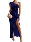 kkboxly  Sequined One Shoulder Split Dress, Elegant Bodycon Dress For Party & Banquet, Women's Clothing