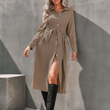 kkboxly  Elegant Belt Slit Dress, Long Sleeve Solid V-neck Single Breasted Fashion Waist Fall & Winter Dresses, Women's Clothing