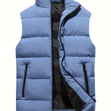 kkboxly  Warm Winter Vest, Men's Casual Zipper Pockets Stand Collar Zip Up Cotton Padded Vest For Fall Winter