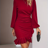 kkboxly  Solid Crew Neck Dress, Elegant Long Sleeve Ruffle Hem Dress, Women's Clothing