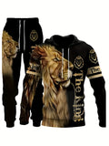kkboxly  Plus Size Men's Wolf & Letters Graphic Print Sweatshirt & Sweatpants Set For Sports/outdoor/workout, Spring/autumn 2Pcs Tracksuit For Big & Tall Males, Men's Clothing