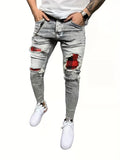 Slim Fit Ripped Cotton Jeans, Men's Casual Street Style Paint Splatter Chain Decor Distressed Mid Stretch Denim Pants For Spring Summer