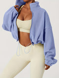 kkboxly  Zip Up Drop Shoulder Jacket, Casual Solid Long Sleeve Drawstring Crop Jacket For Fall, Women's Clothing