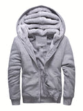 kkboxly  Solid Sherpa Lined Men's Hooded Jacket Casual Long Sleeve Hoodies With Zipper Gym Sports Hooded Coat For Winter Fall
