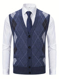 kkboxly  Elegant Slightly Stretch Cardigan Vest, Men's Casual Classic Vintage Style V Neck Button Up Cardigan Vest For Fall Winter
