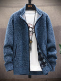 kkboxly  Men's Full Zip Up Casual Stand Collar Cardigan, Regular Fit Knitted Sweater Jacket Coat With Pockets For Winter Fall