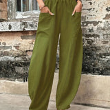2025 kkboxly  Boho Solid Elastic Waist Harem Pants, Casual Long Length Baggy Pants With Pockets For Spring & Summer, Women's Clothing