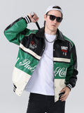 kkboxly  Men's Stylish Color Matching Embroidery Pattern Jacket With Pockets, Casual Breathable Button Up Baseball Collar Long Sleeve Jacket For Spring Fall