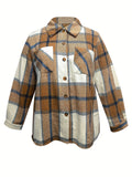 kkboxly  Plus Size Casual Coat, Women's Plus Plaid Print Button Up Long Sleeve Turn Down Collar Shirt Coat