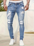 kkboxly  Slim Fit Ripped Jeans, Men's Casual Street Style Distressed Medium Stretch Denim Pants