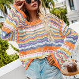 kkboxly  Hollow Striped Knit Sweater, Casual Crew Neck Long Sleeve Sweater, Women's Clothing