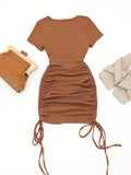 kkboxly  Kpop Drawstring Cut Out Bodycon Dress, Sexy Short Sleeve Ruched Dress For Summer, Women's Clothing
