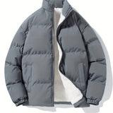 kkboxly  Men's Casual Thickened Thermal Zipper Fleece Lined Cotton-padded Jacket, Warm Long Sleeve Stand Collar Windproof Padded Outwear For Winter