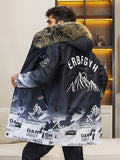 Men's Casual Mountain Print Hooded Warm Thick Jacket, Chic Fleece Lined Coat For Fall Winter