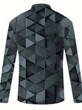 Cool Geometric Pattern Men's Long Sleeve Zipper Shirt, Trendy Comfy Male Shirt For Spring Fall