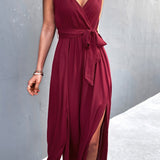 kkboxly  Sexy V Neck Solid Tie Front Trapeze Bohemian Dresses, Women's Clothing