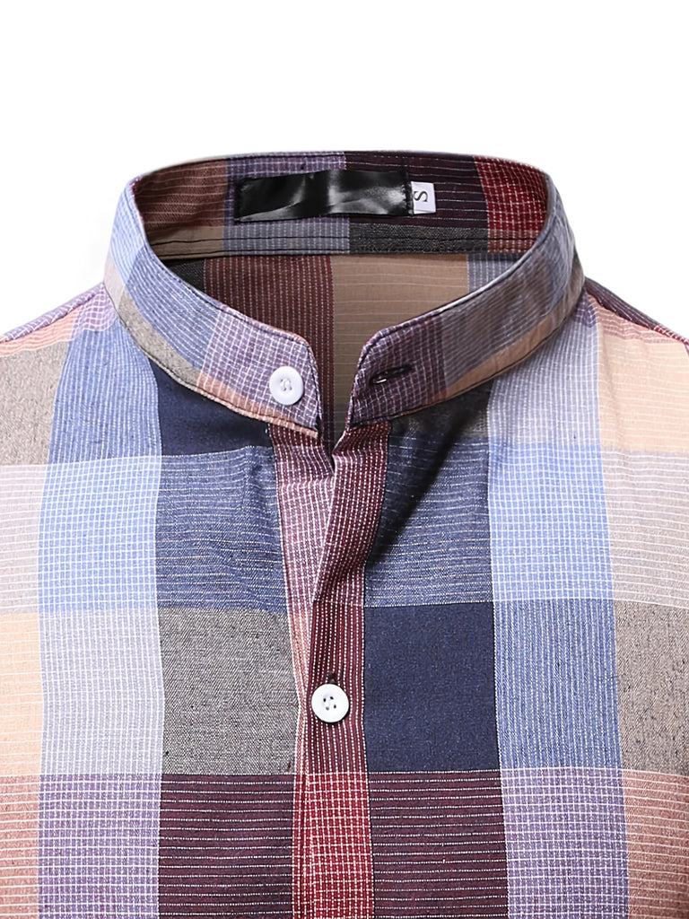 kkboxly  Men's Long Sleeve Plaid Button Down Regular Fit Stand Collar Casual Shirt